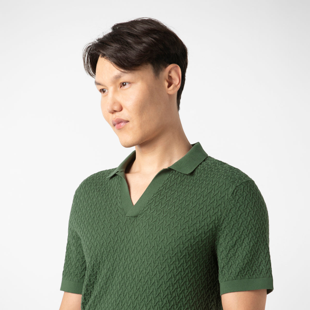 Textured Knit Sweater Polo Alpine close up on model