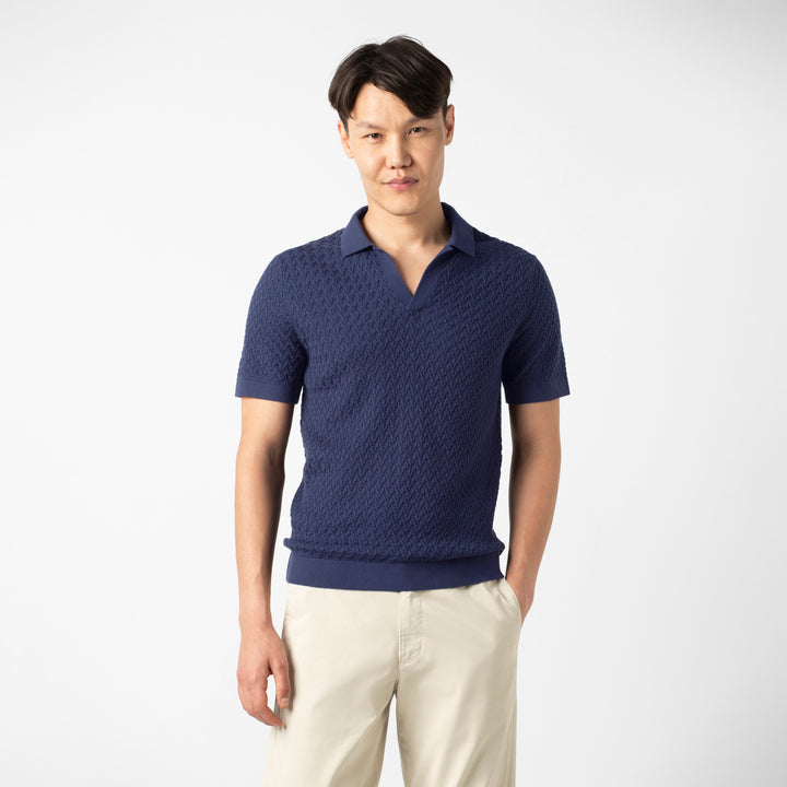Textured Knit Sweater Polo Navy front on model