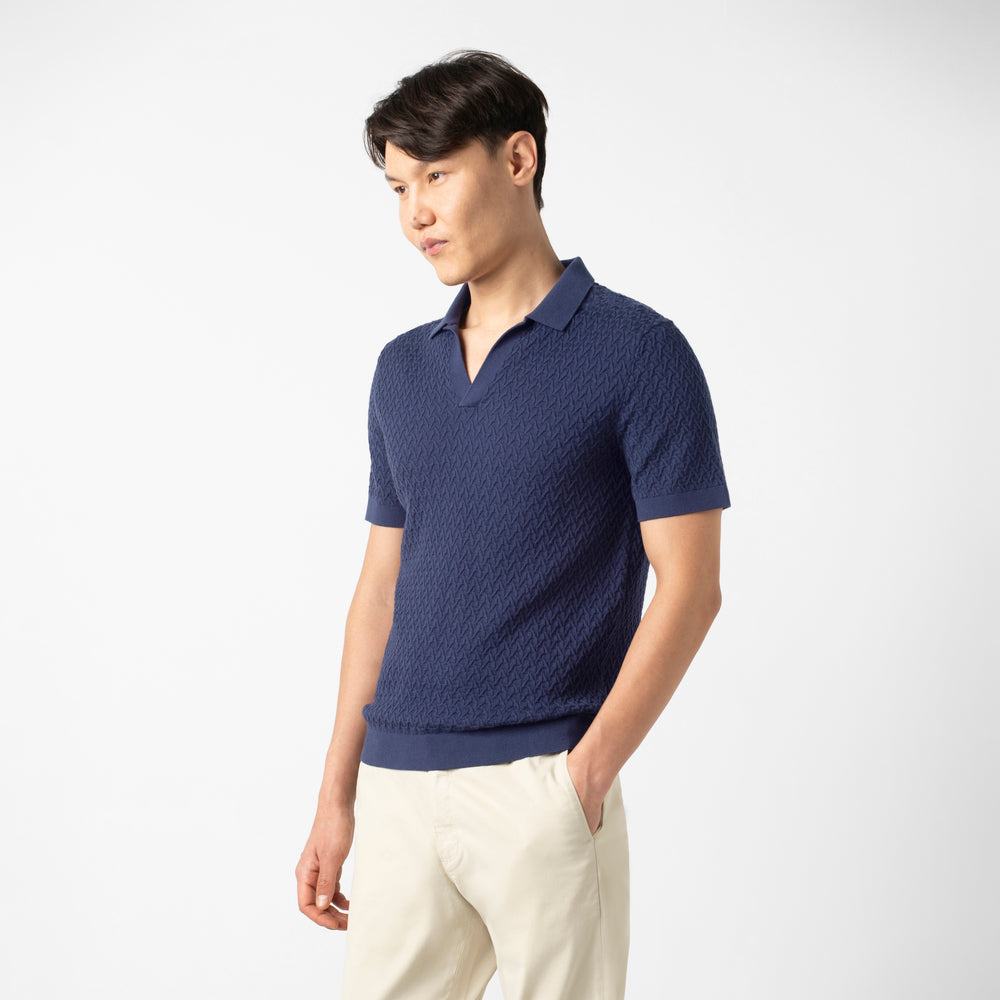 Textured Knit Sweater Polo Navy side on model