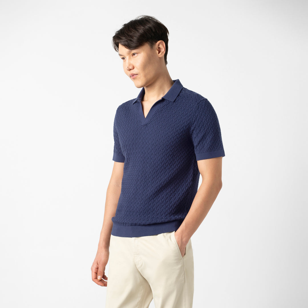 Textured Knit Sweater Polo Navy side on model