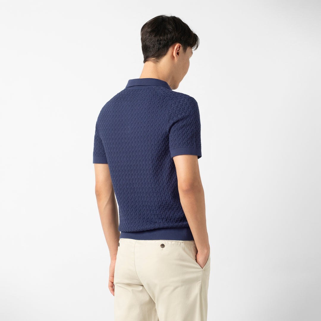 Textured Knit Sweater Polo Navy back on model