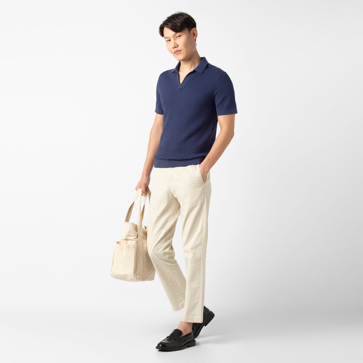 Textured Knit Sweater Polo Navy full body on model