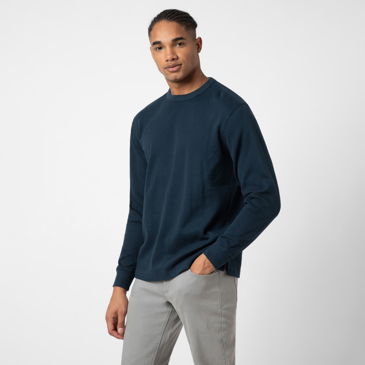 Thermal Knit Crew Navy side on model