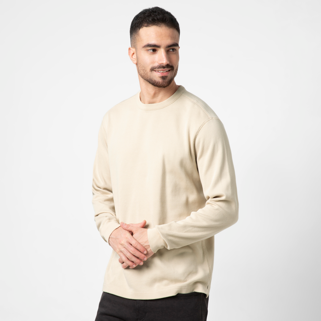 Thermal Knit Crew Oat side on model