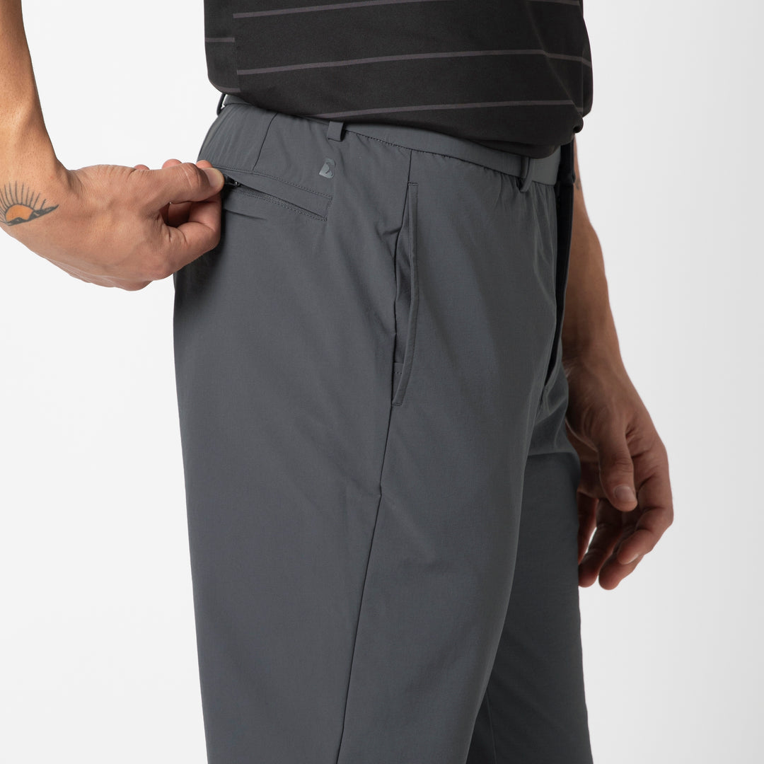 Tour Pant Dark Grey close up on model