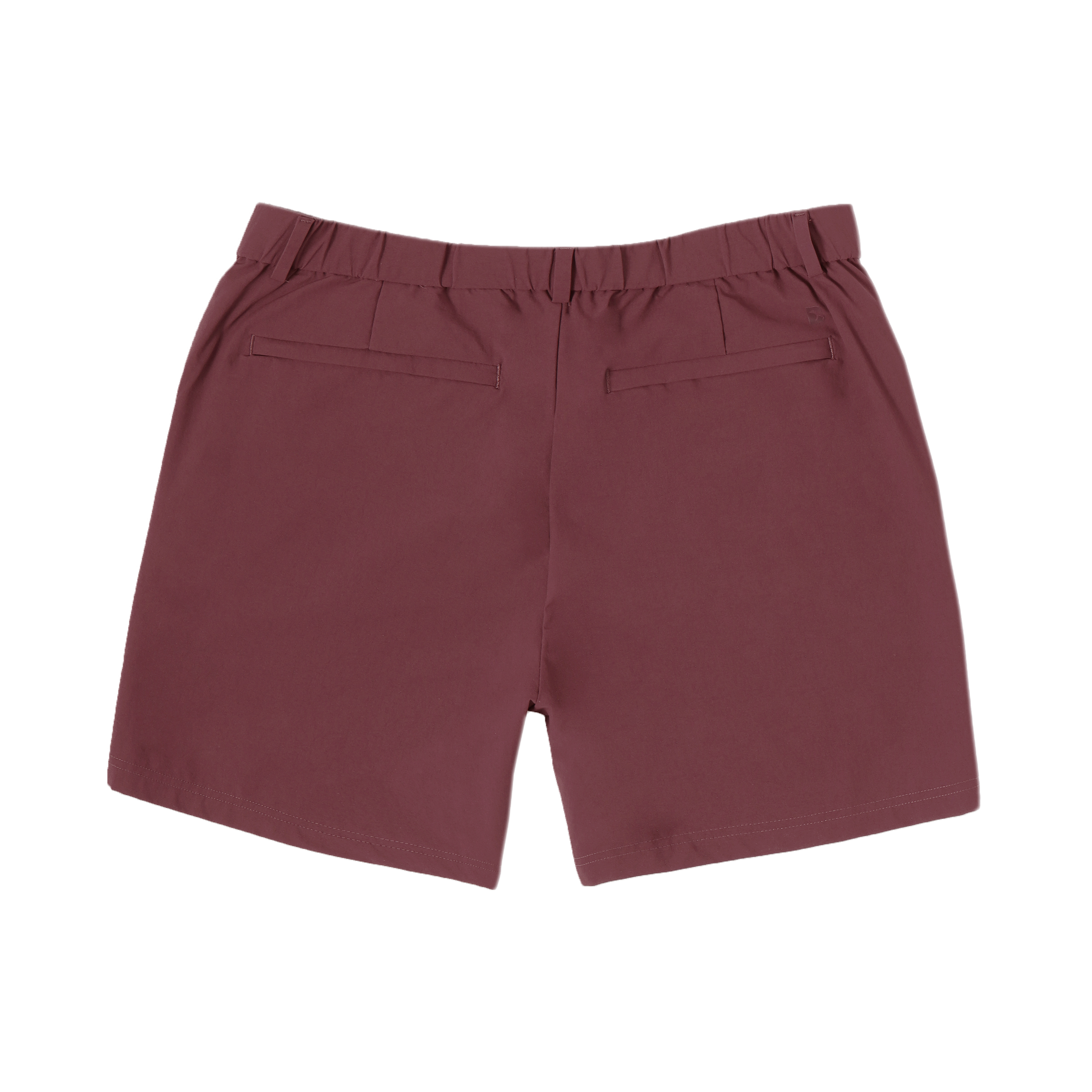 Tour Short 5.5" Wine back with flat elastic waistband, belt loops, and two hidden zipper back pockets
