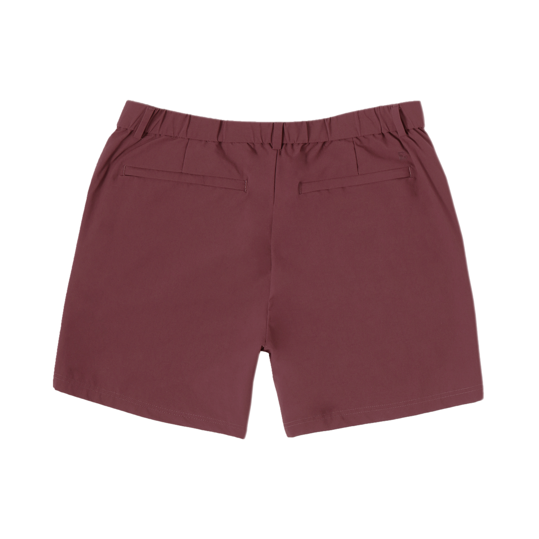 Tour Short 5.5" Wine back with flat elastic waistband, belt loops, and two hidden zipper back pockets