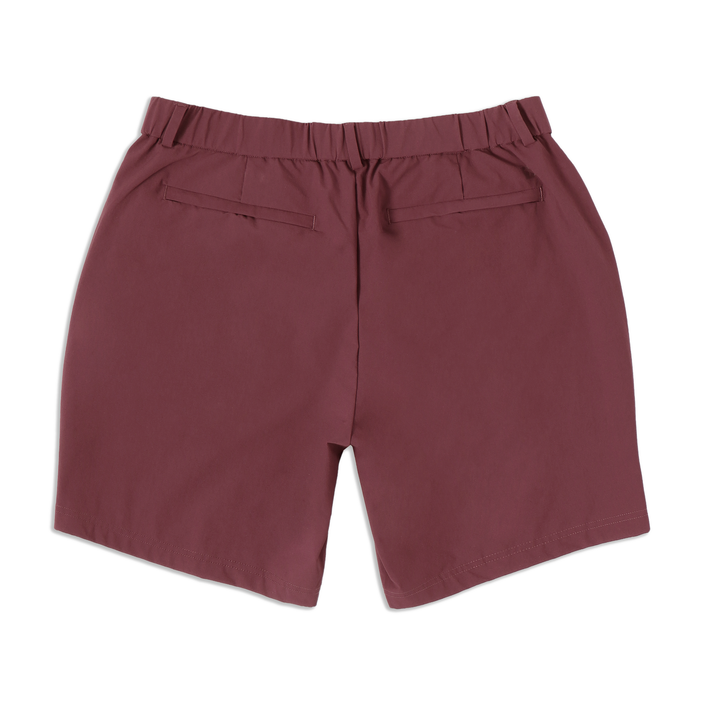 Tour Short 7" Wine back with flat elastic waistband, belt loops, and two hidden zipper back pockets