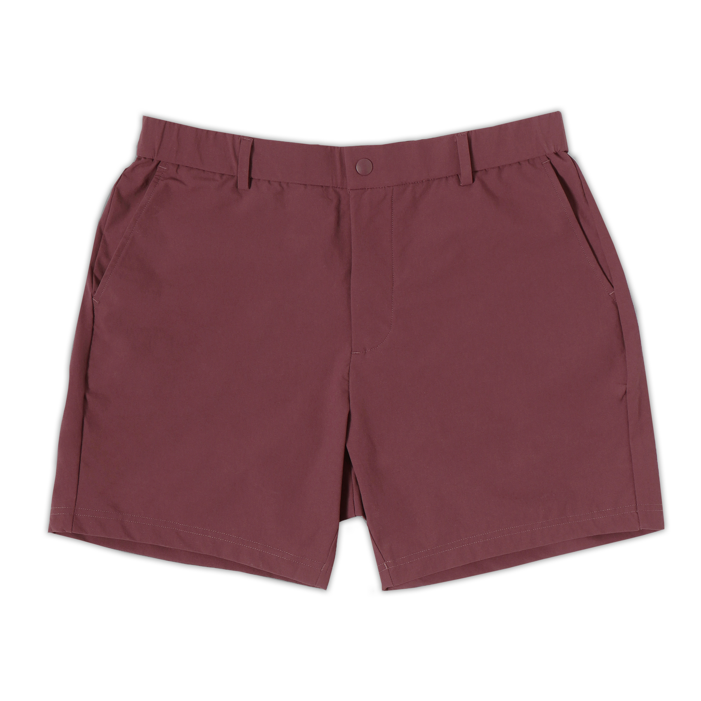 Tour Short 5.5" Wine with flat elastic waistband, belt loops, snap-button, zipper fly, and two front seam pockets