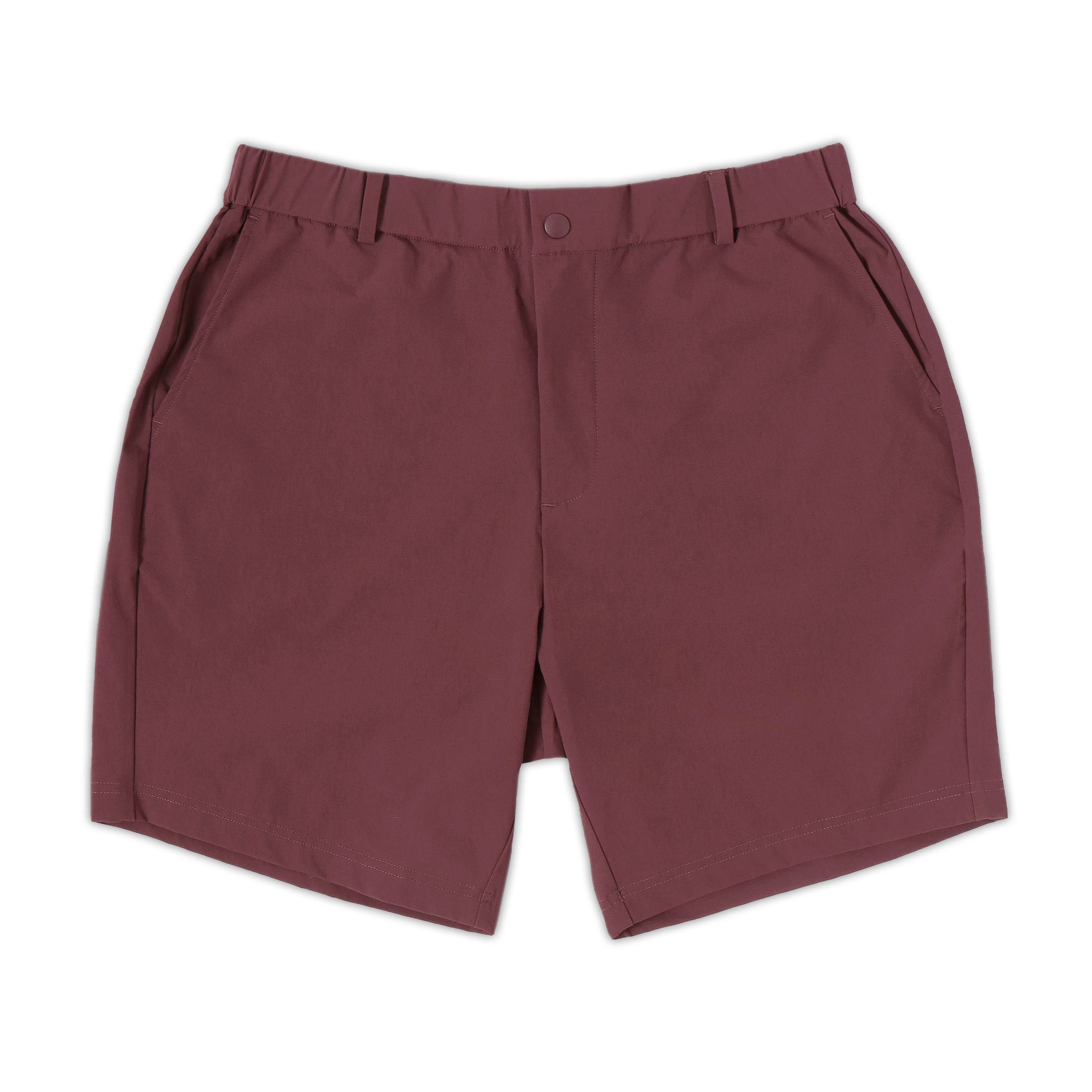 Tour Short 7" Wine with flat elastic waistband, belt loops, snap-button, zipper fly, and two front seam pockets