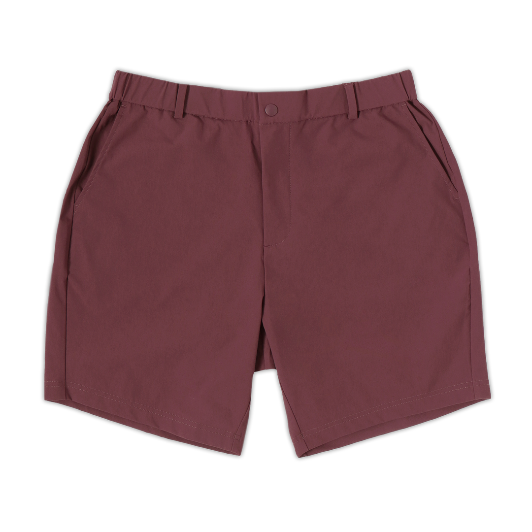 Tour Short 7" Wine with flat elastic waistband, belt loops, snap-button, zipper fly, and two front seam pockets
