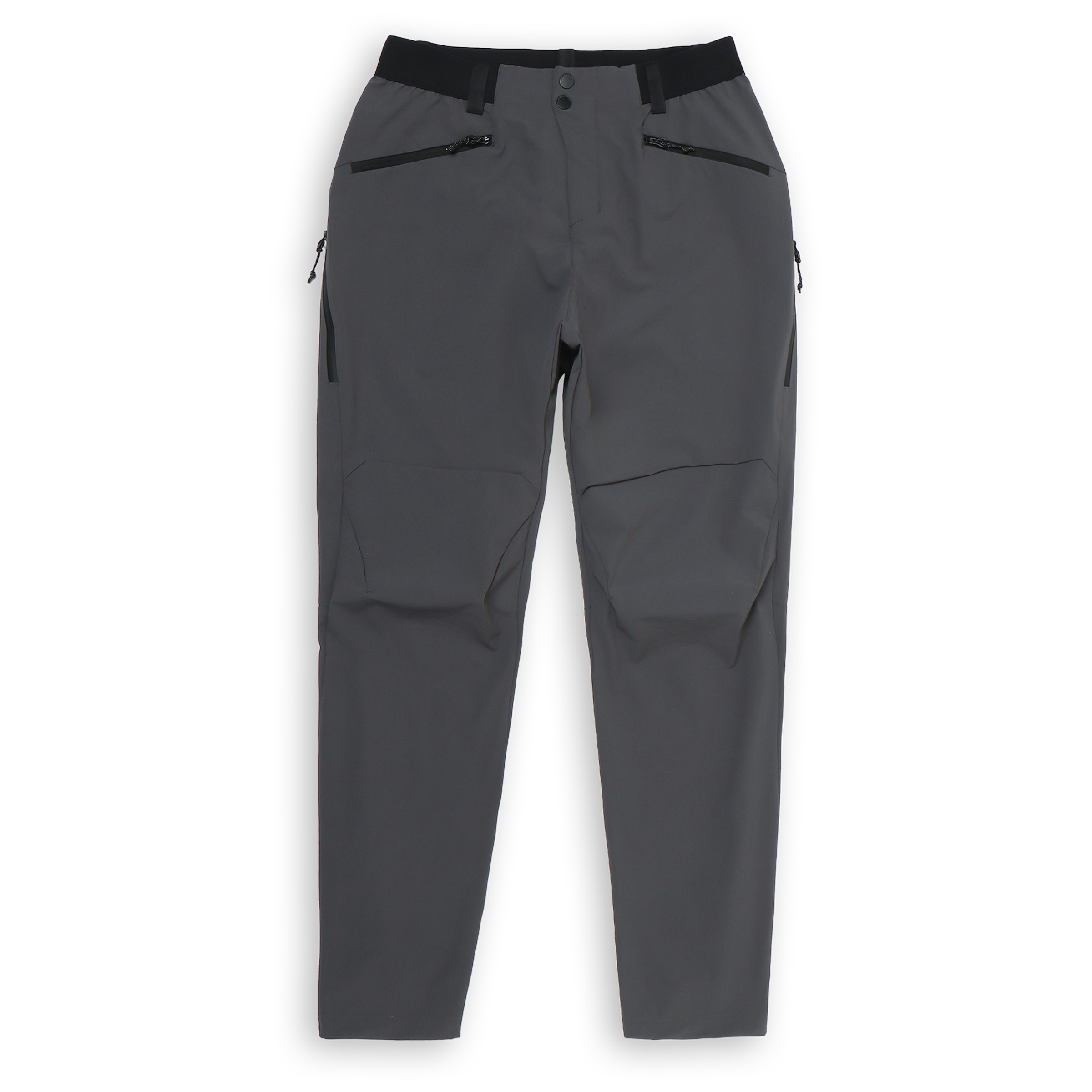 Trail Pant Coal front with zipper front pockets, elastic waistband with belt loop, and perforated side vent pockets.