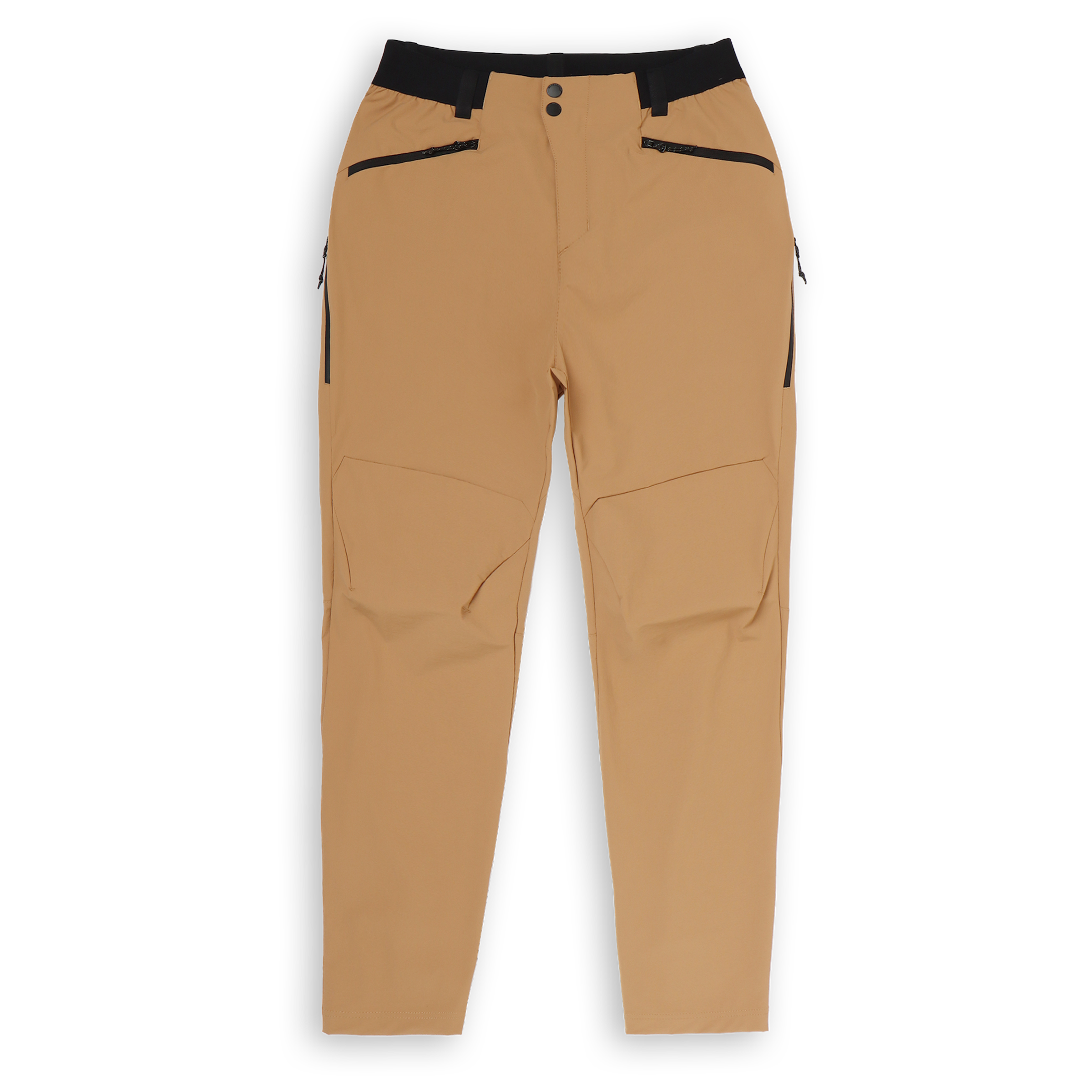Trail Pant Desert front with zipper front pockets, elastic waistband with belt loop, and perforated side vent pockets.