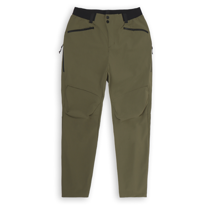 Trail Pant Military Green front with zipper front pockets, elastic waistband with belt loop, and perforated side vent pockets.