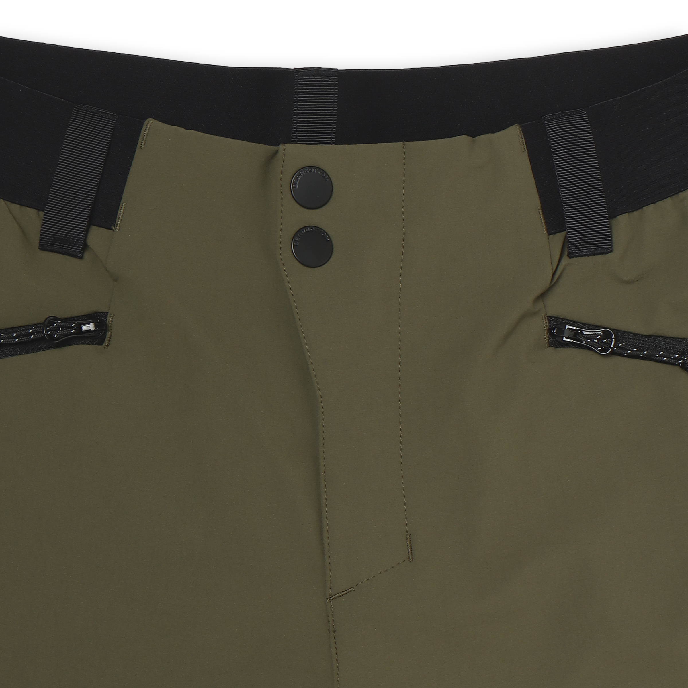 Trail Pant Military Green close up front button and hidden zipper closure