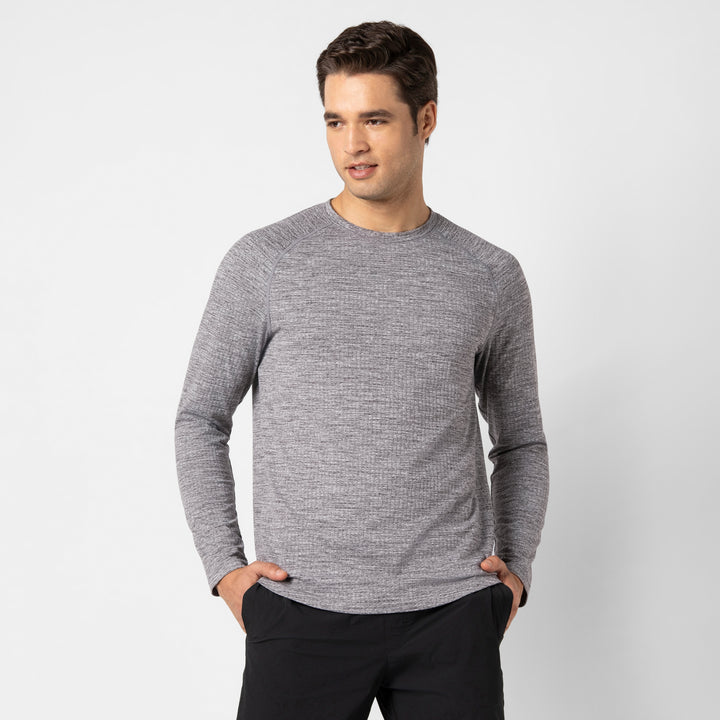Tread Long Sleeve Tee Charcoal front on model