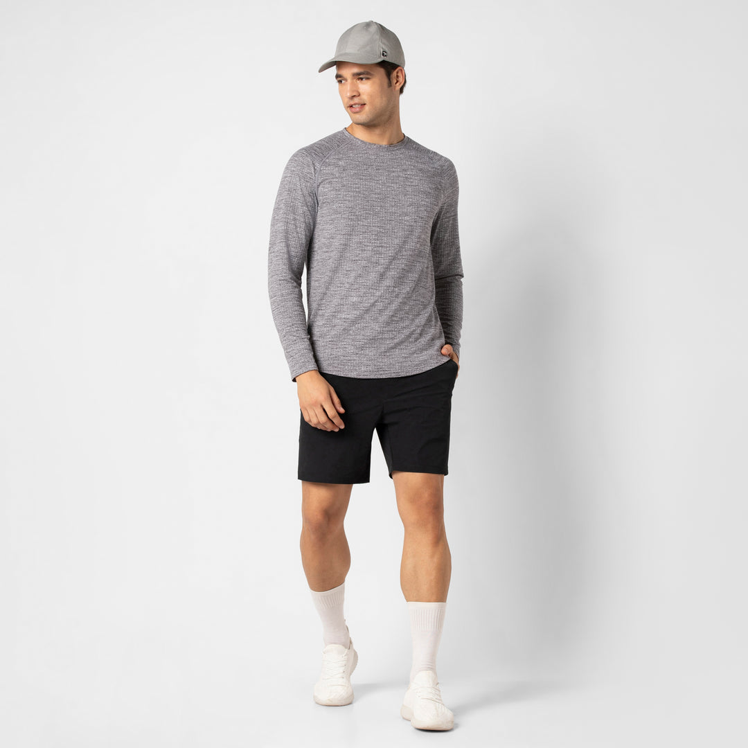 Tread Long Sleeve Tee Charcoal Black full body on model