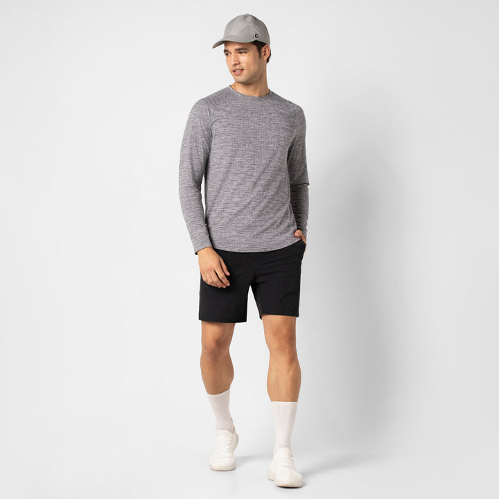 Tread Long Sleeve Tee Charcoal Black full body on model