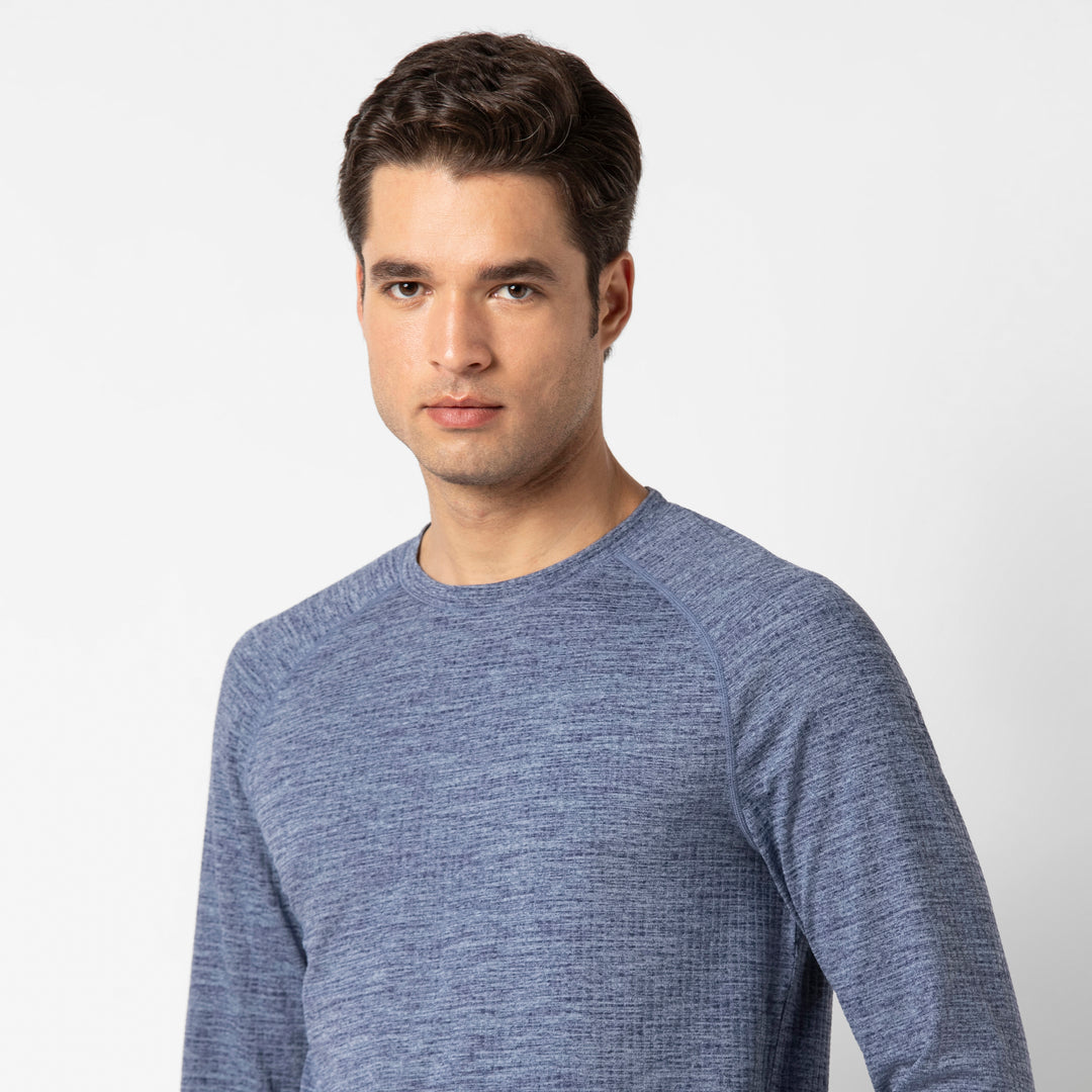 Tread Long Sleeve Tee Denim close up on model