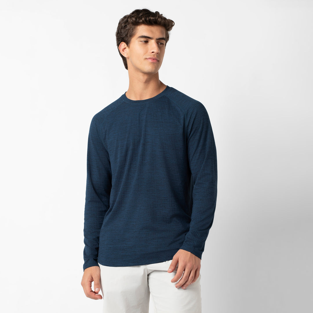 Tread Long Sleeve Tee Navy front on model