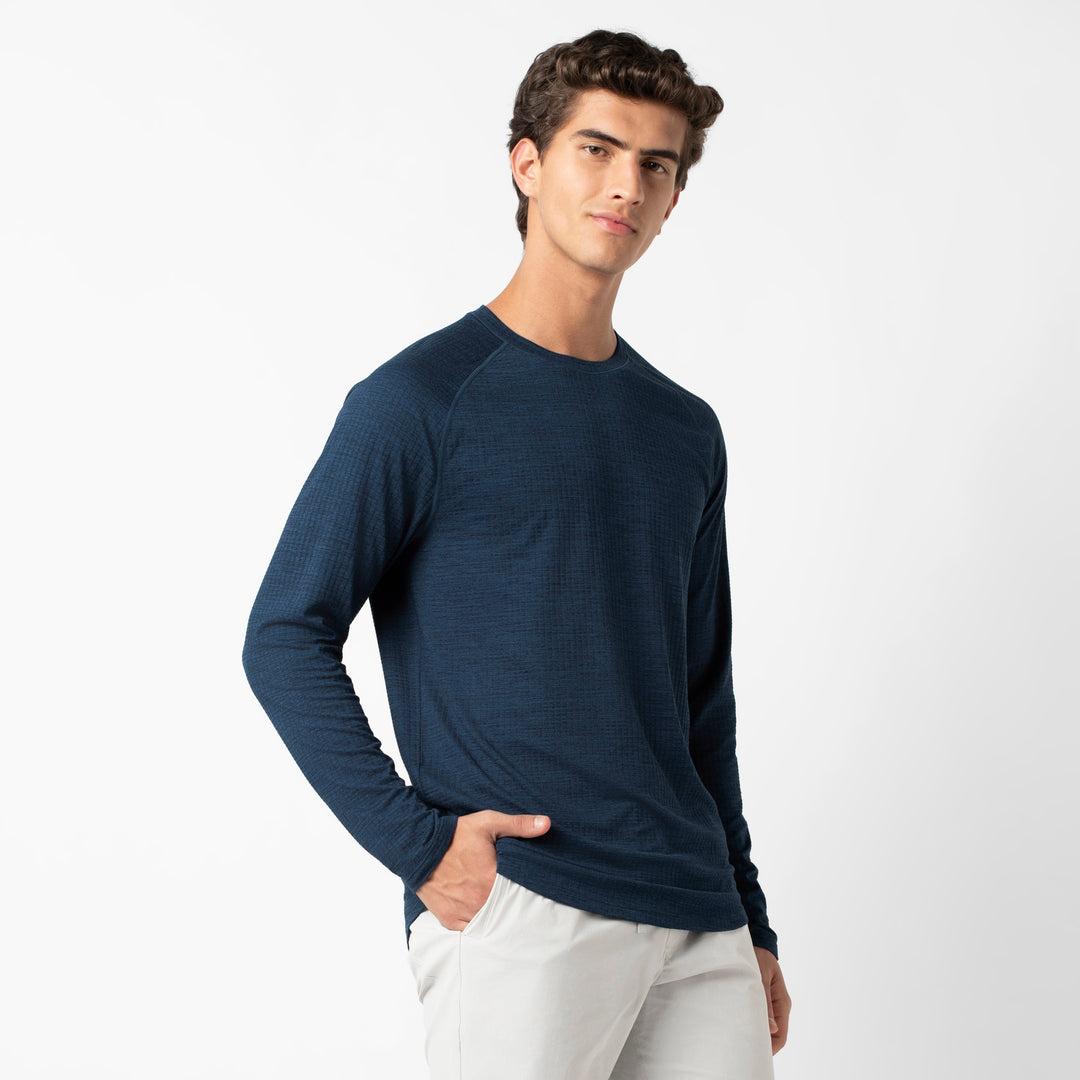 Tread Long Sleeve Tee Navy side on model