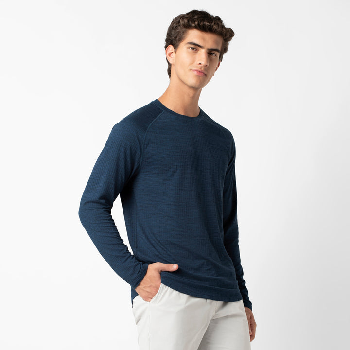 Tread Long Sleeve Tee Navy side on model