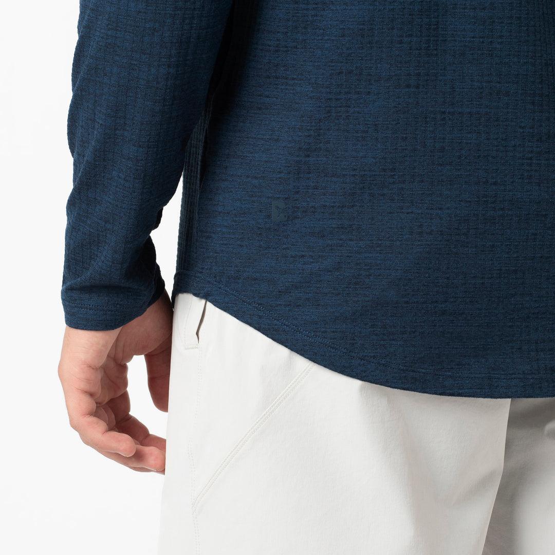 Tread Long Sleeve Tee Navy close up on model