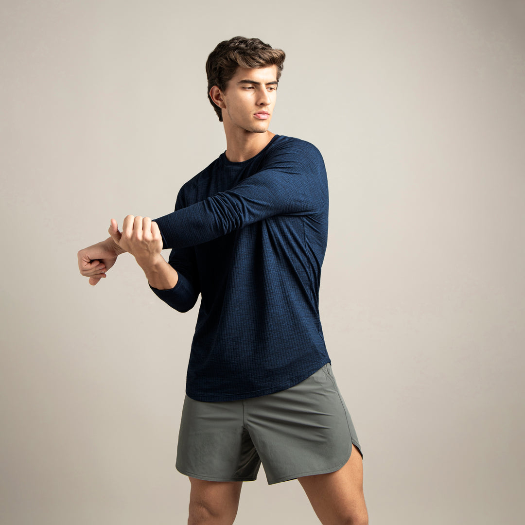 Tread Long Sleeve Tee Navy full body on model