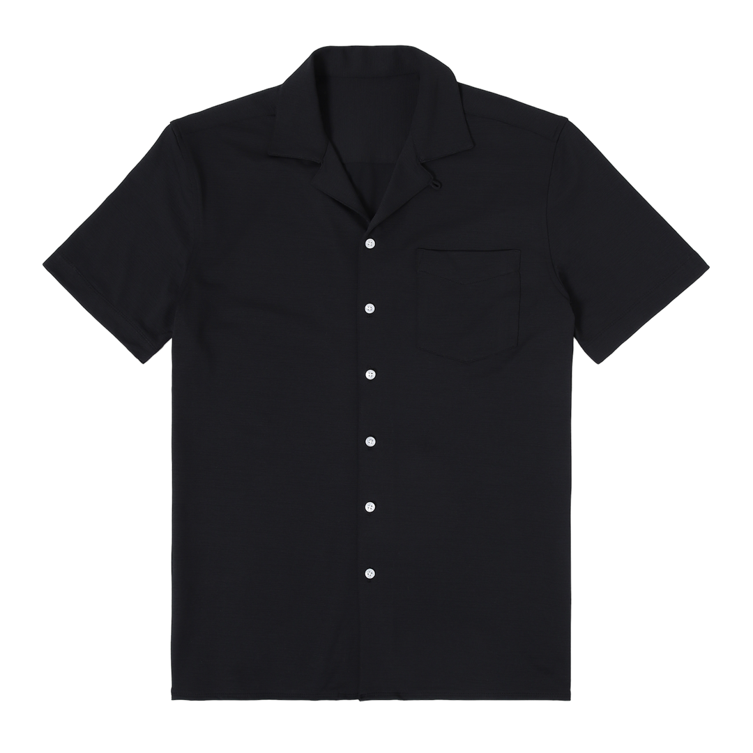 Villa Camp Collar Shirt Black front with white buttons, camp collar, short sleeves and front left patch pocket