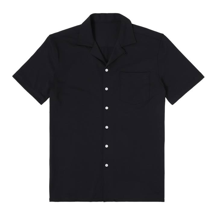 Villa Camp Collar Shirt Black front with white buttons, camp collar, short sleeves and front left patch pocket