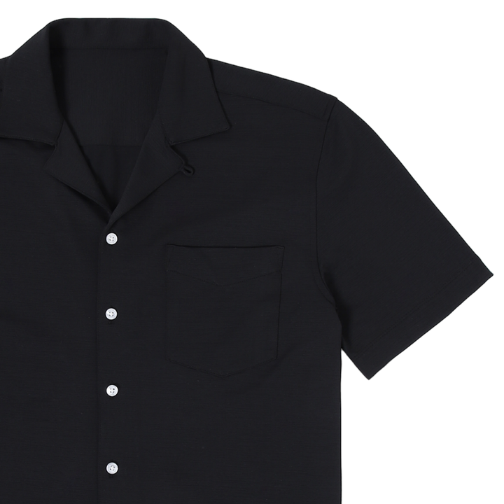 Villa Camp Collar Shirt Black close up with left patch pocket