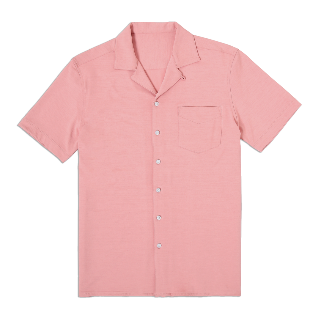 Villa Camp Collar Shirt Peach front with white buttons, camp collar, short sleeves and front left patch pocket