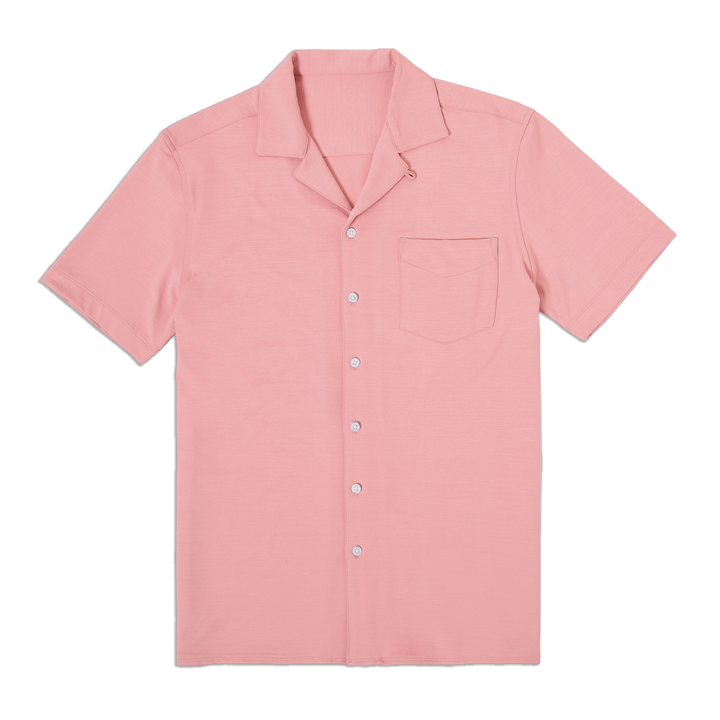 Villa Camp Collar Shirt Peach front with white buttons, camp collar, short sleeves and front left patch pocket