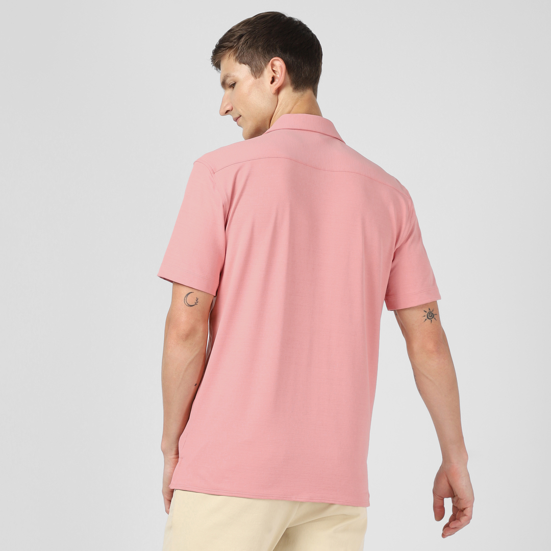 Villa Camp Collar Shirt Peach back on model