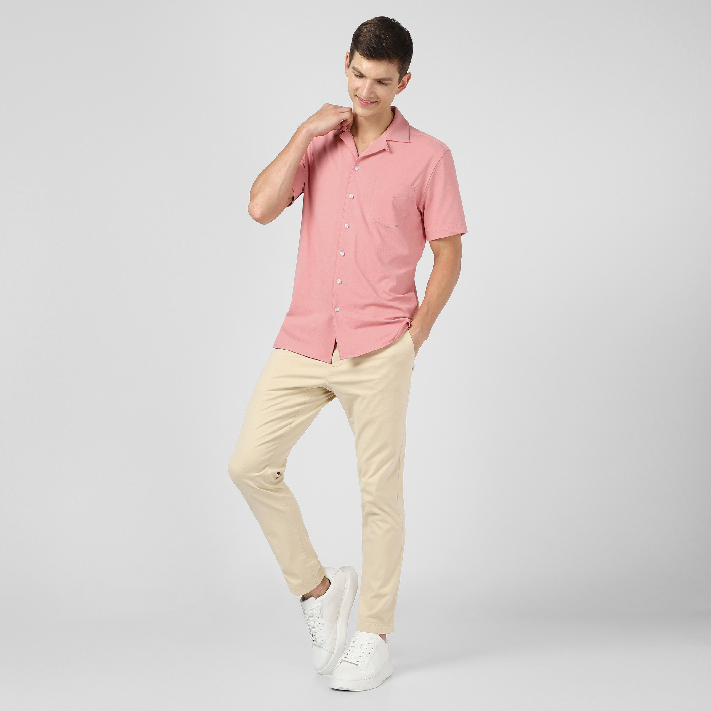  Villa Camp Collar Shirt Peach full body on model worn with Stretch Chino Pant Sand Dune