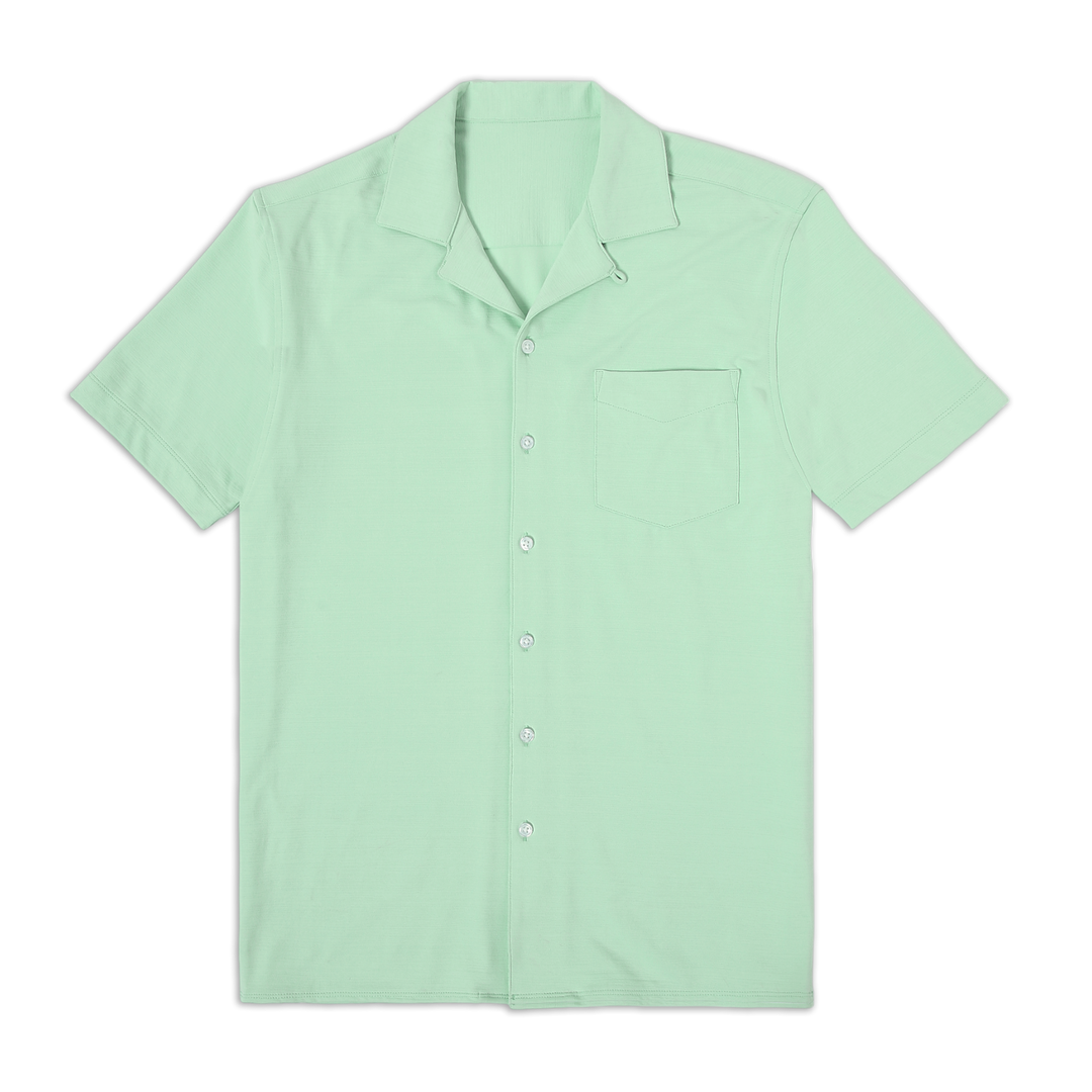 Villa Camp Collar Shirt Sea Green front with white buttons, camp collar, short sleeves and front left patch pocket