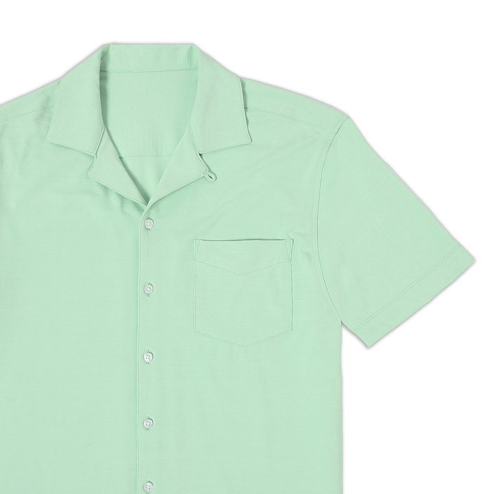 Villa Camp Collar Shirt Sea Green close up with left patch pocket