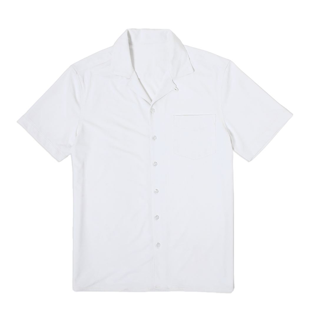 Villa Camp Collar Shirt White front with white buttons, camp collar, short sleeves and front left patch pocket