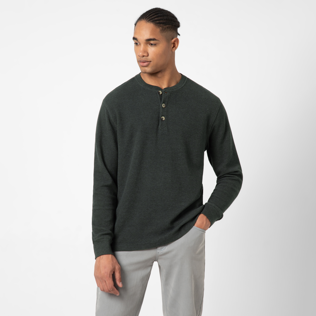 Waffle Knit Henley Charcoal Black front on model