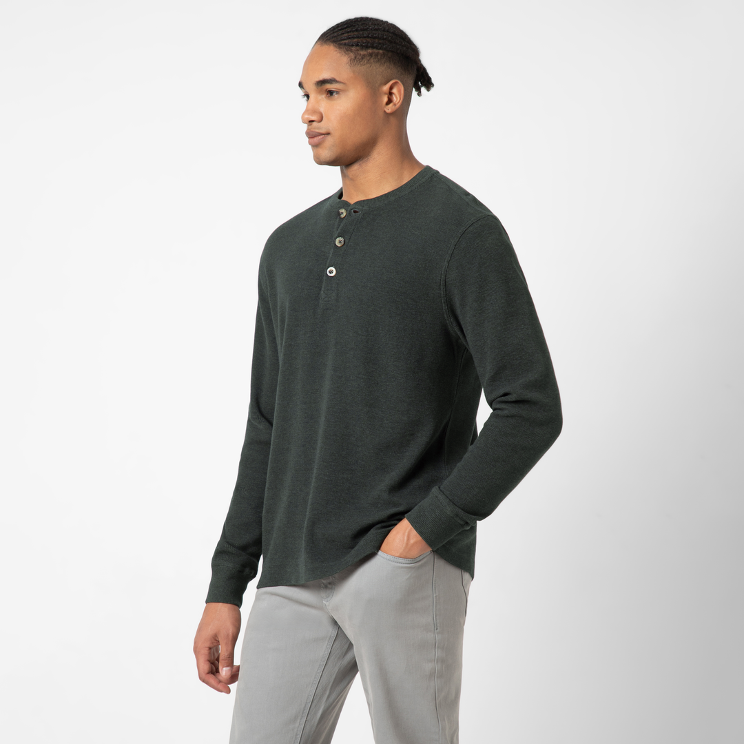 Waffle Knit Henley Charcoal Black side on model