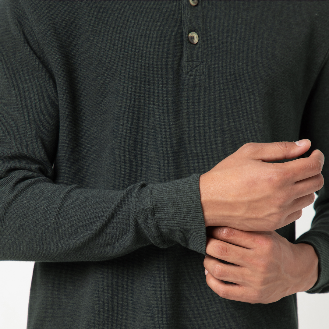 Waffle Knit Henley Charcoal Black close up sleeve on model