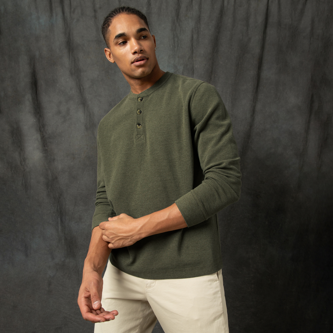 Waffle Knit Henley Fern front on model