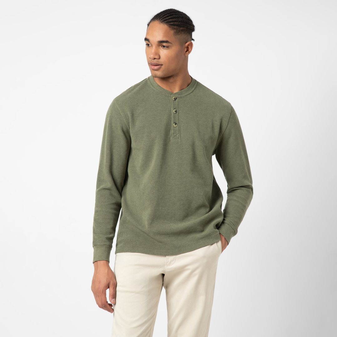 Waffle Knit Henley Fern front on model