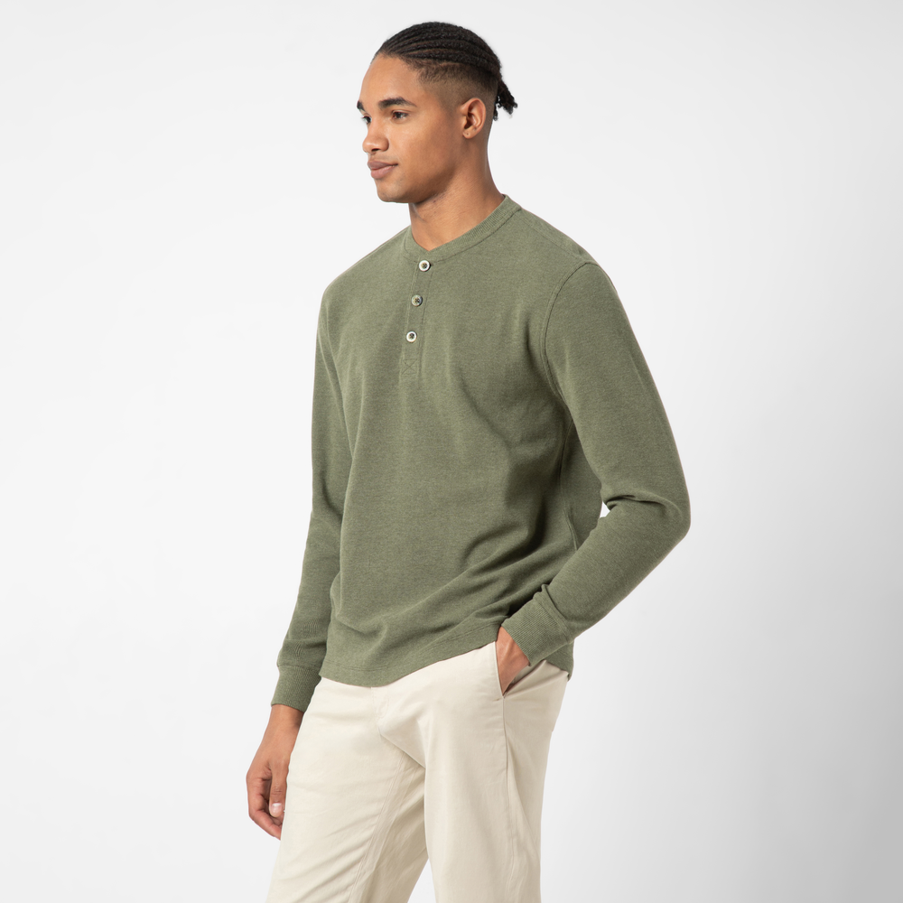 Waffle Knit Henley Fern side on model