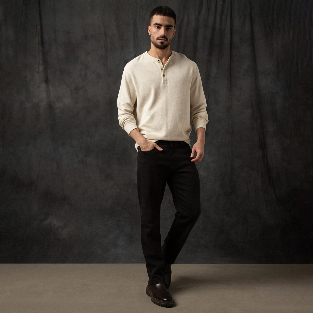 Waffle Knit Henley Stone full body on model