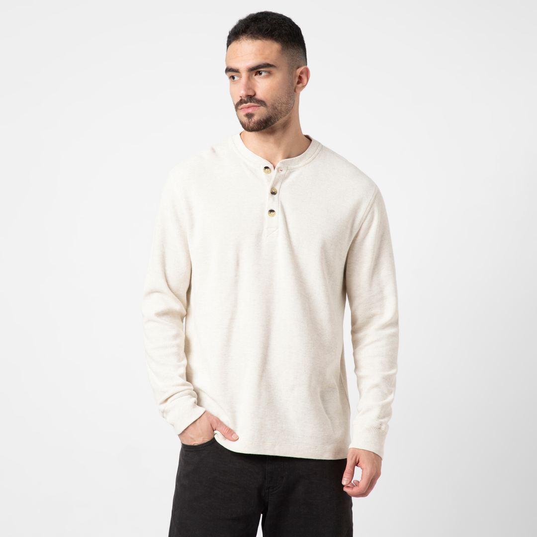 Waffle Knit Henley Stone front on model