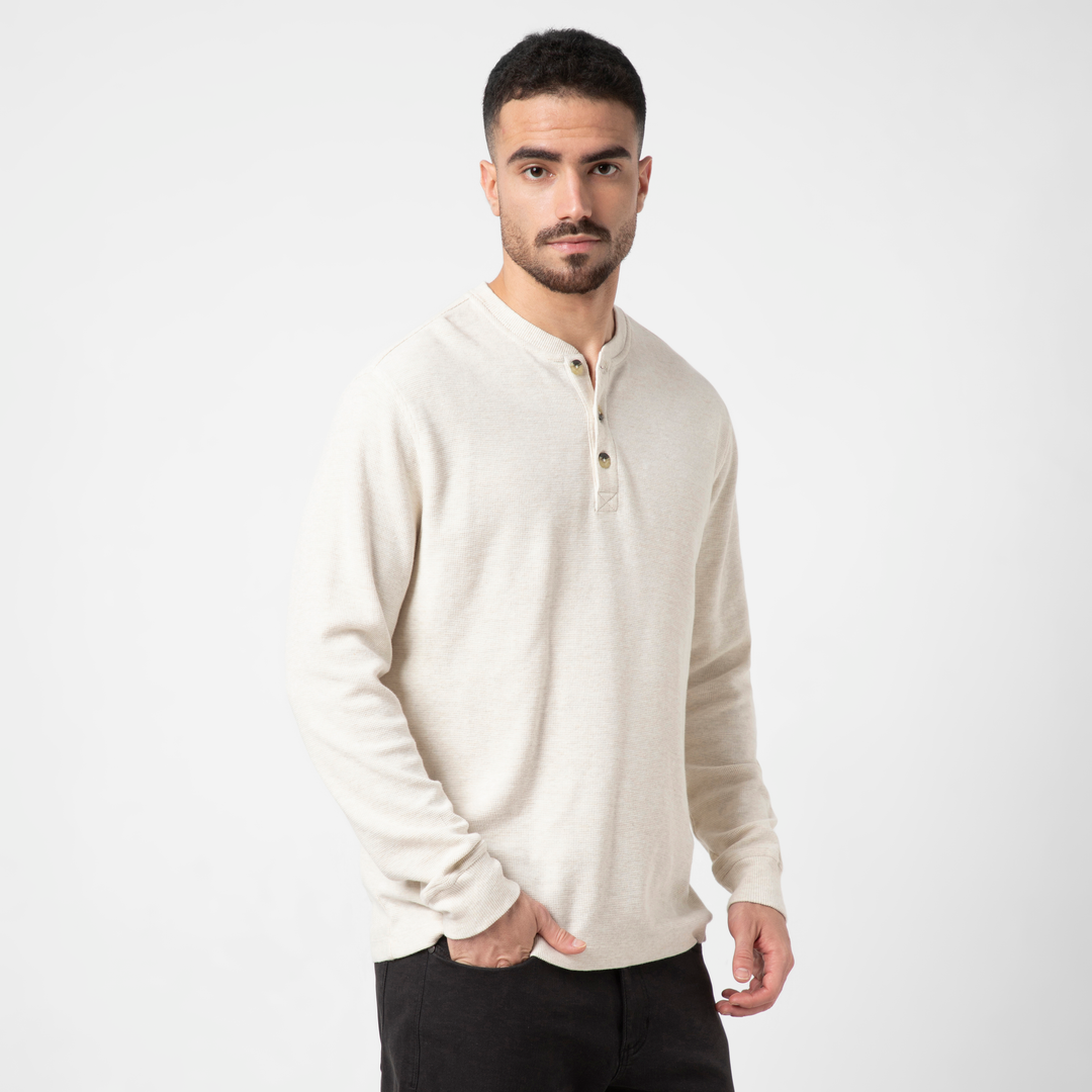 Waffle Knit Henley Stone side on model