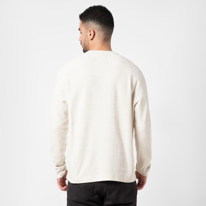 Waffle Knit Henley Stone back on model