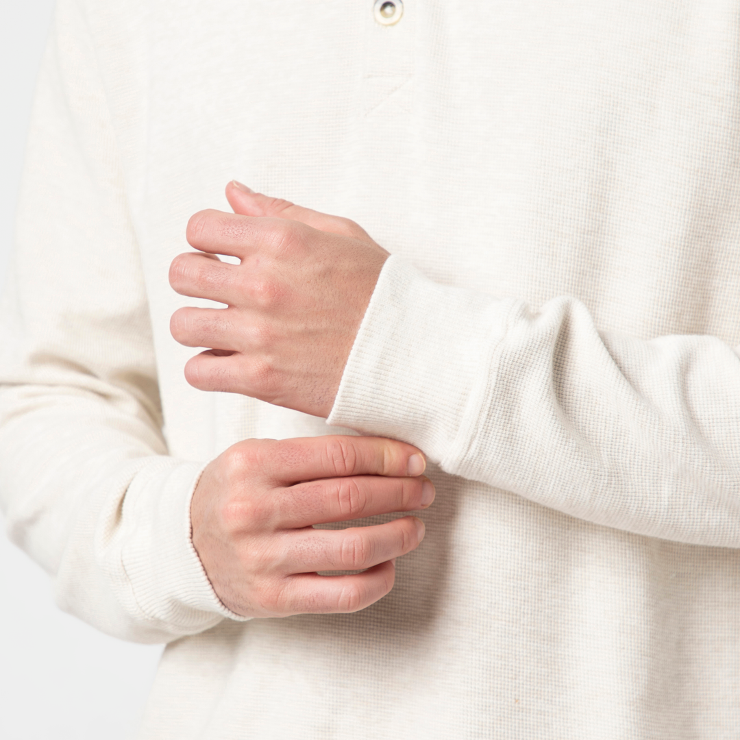 Waffle Knit Henley Stone close up sleeve on model