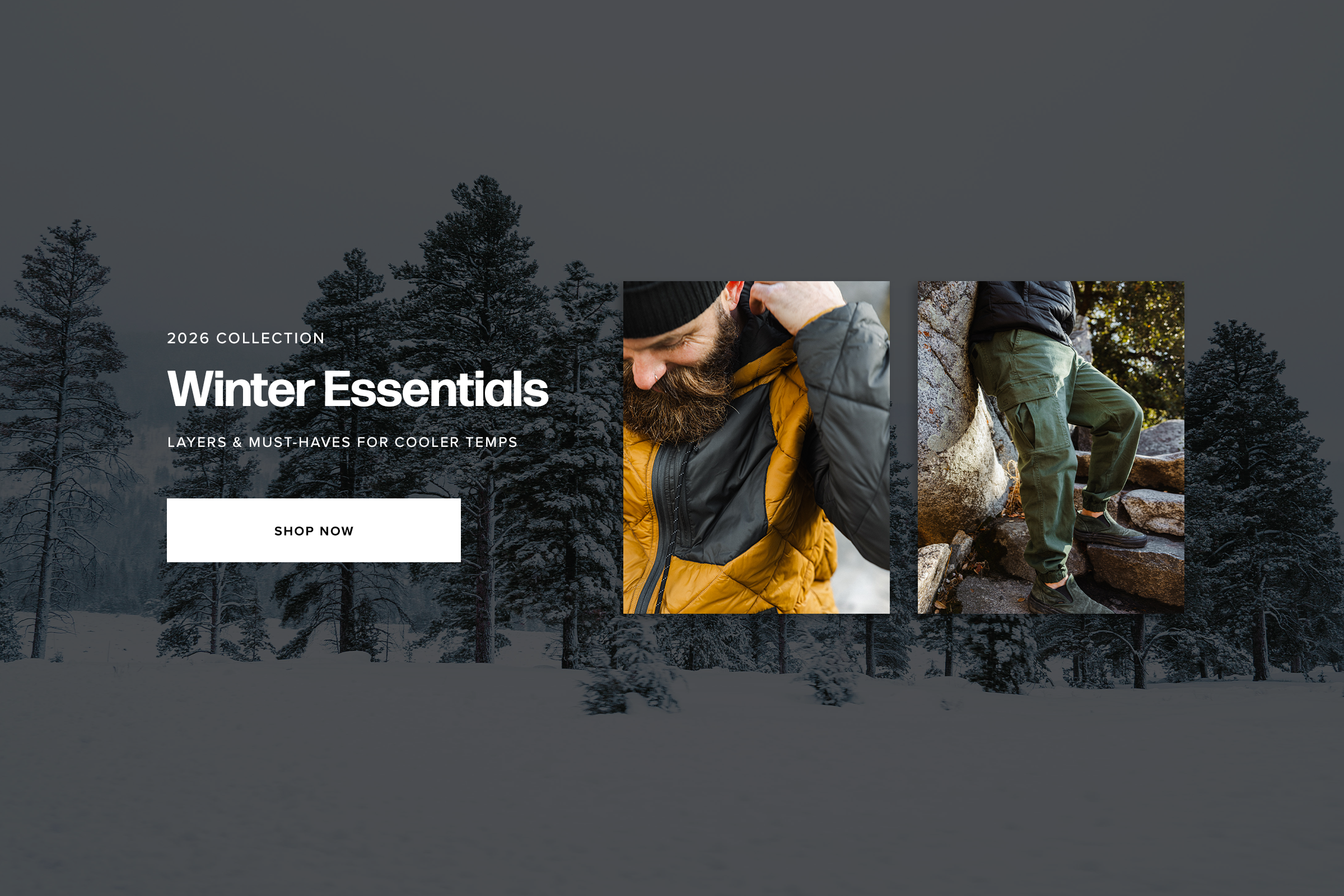 2026 Winter Essentials Collection. Layers & Must-Haves for cooler temps. Man in Backyard Quilted Jacket Cider and Stretch Cargo Jogger in Dark Pine.